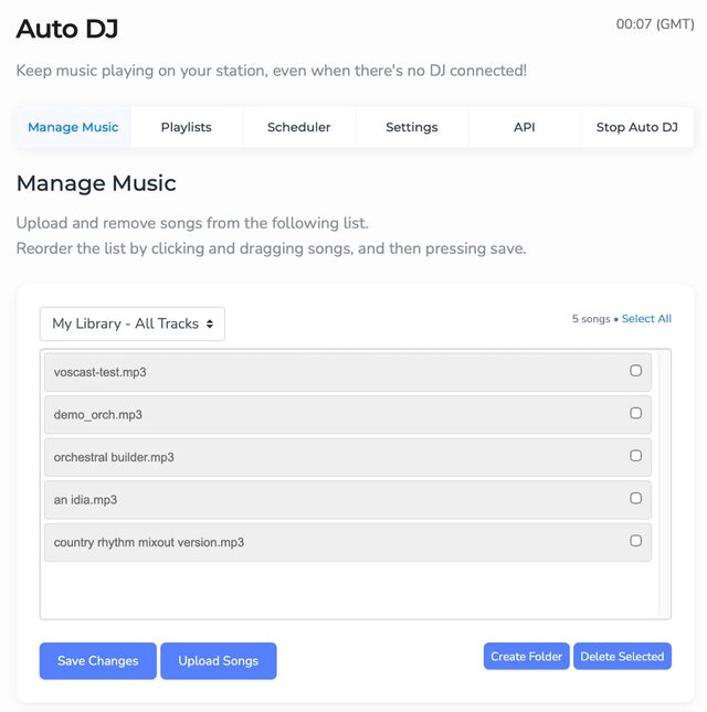 VosCast control panel: Auto DJ library